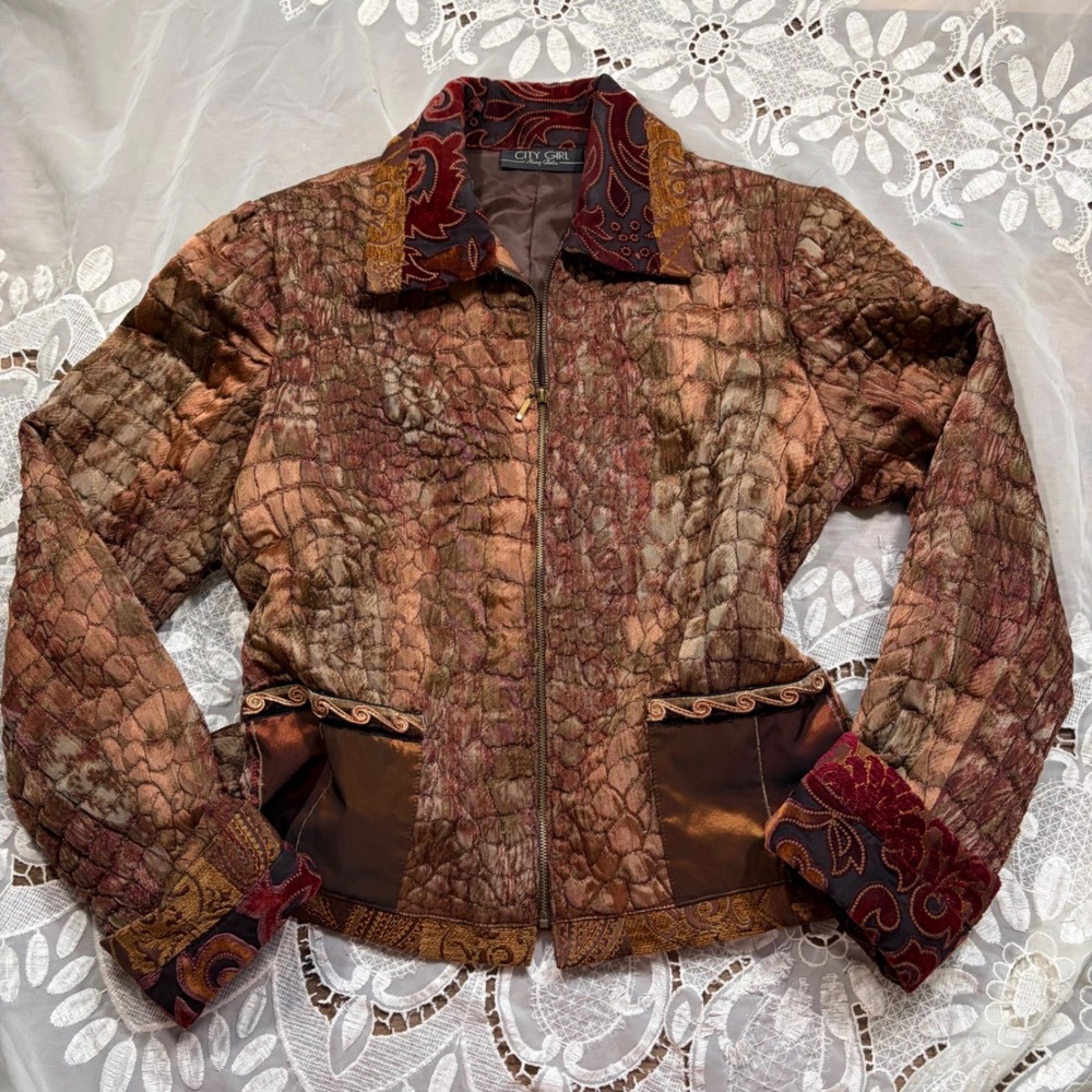 Whimsical Gothic Witchy Quilted Tapestry Jacket Brown Velvet Paisley Zip Front L